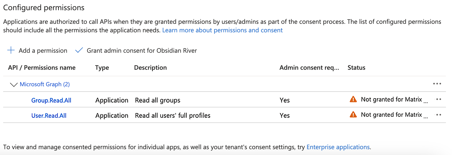 Configured permissions screen in Microsoft Azure without the required permissions.