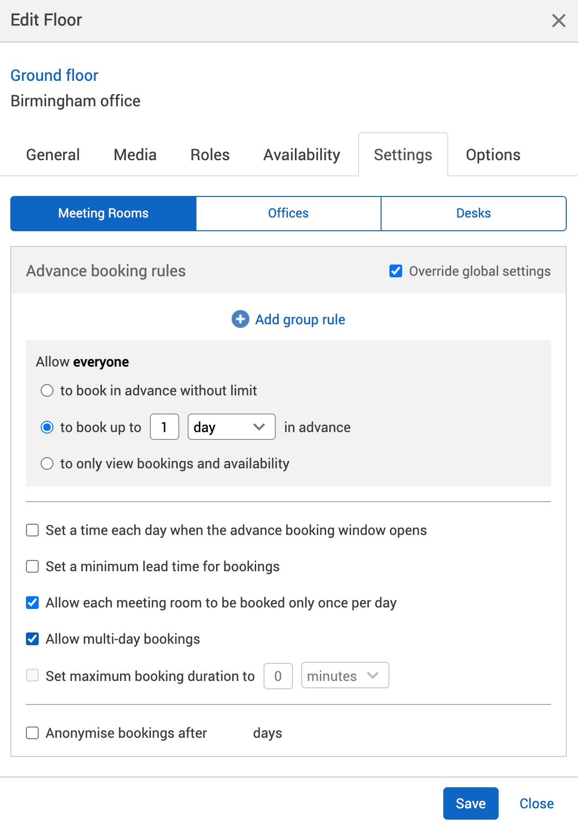 Once per day and multi-day bookings settings switched on.