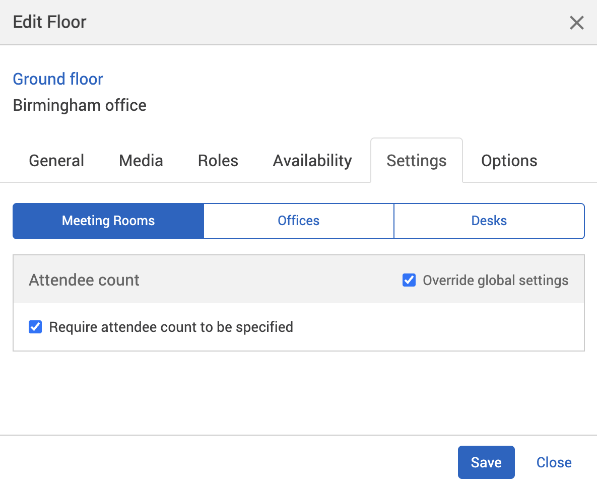 Attendee count setting switch on in the settings tab of the edit location pop-up.