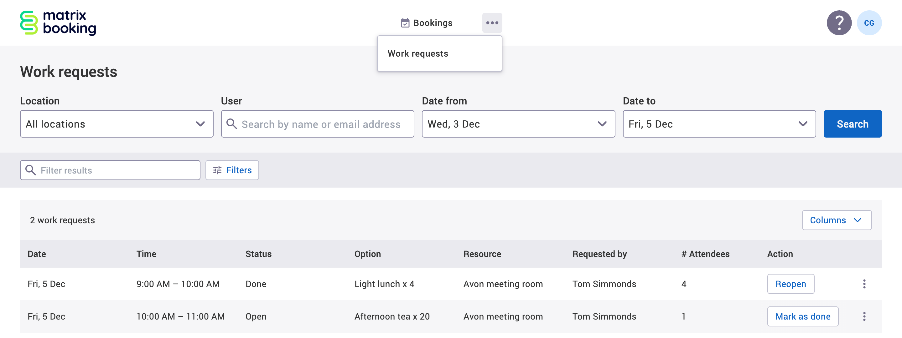 Work requests screen with the more options menu opened.