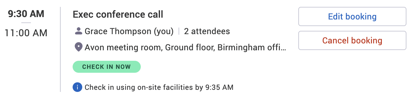 Example booking with attendee count shown.