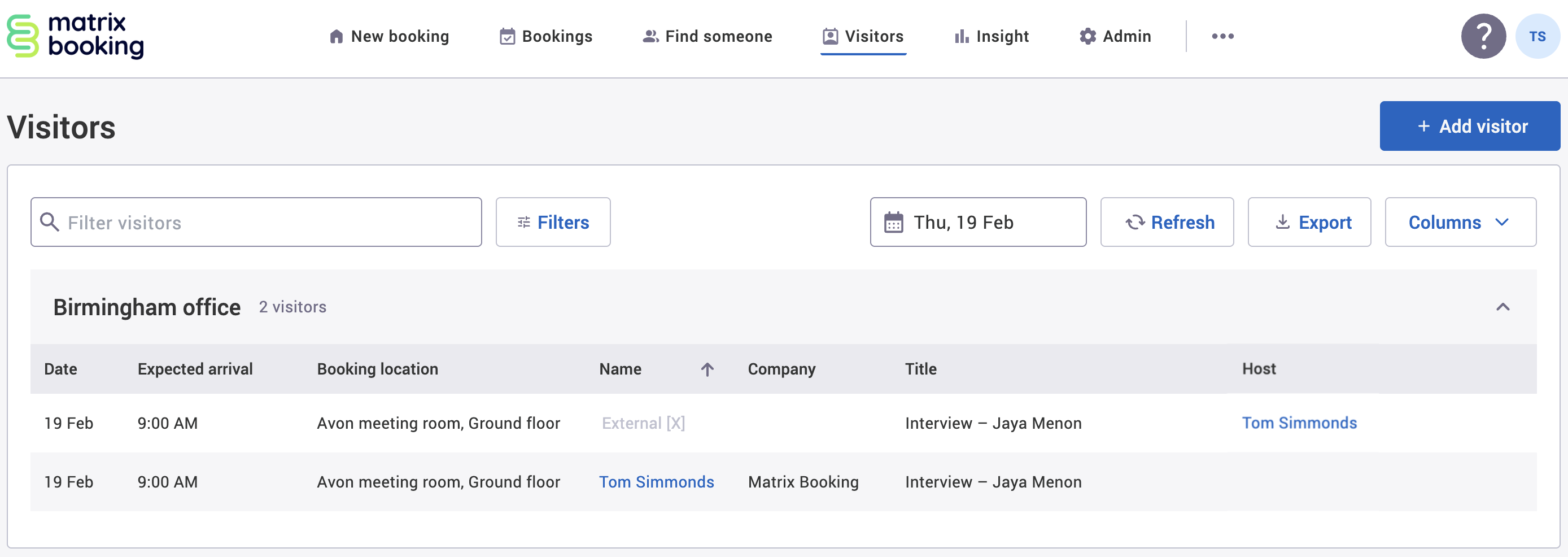 Example visitor's name anonymised with External X.