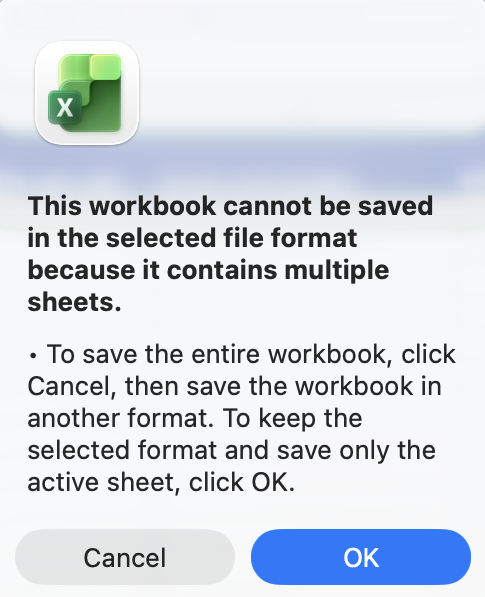 Microsoft Excel warning message about the file cannot be saved.