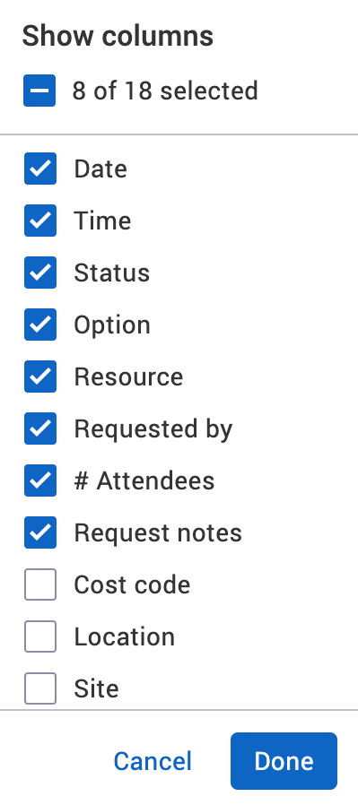 Show columns dropdown.