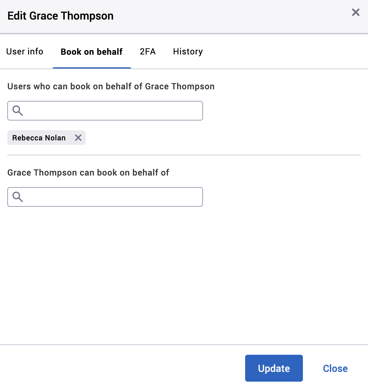 Edit User dialog with the Book on behalf selected for an example user.