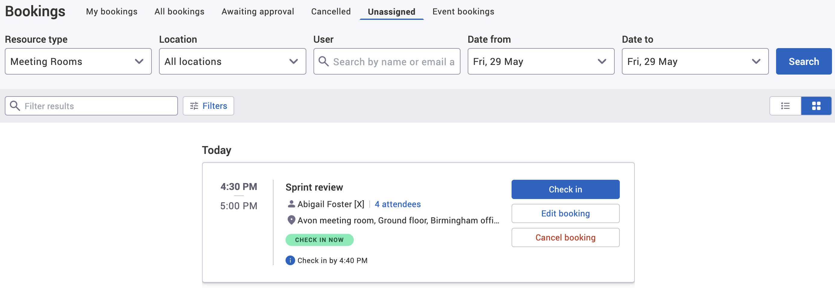 Cancel booking button on booking in list view on the unassigned tab.