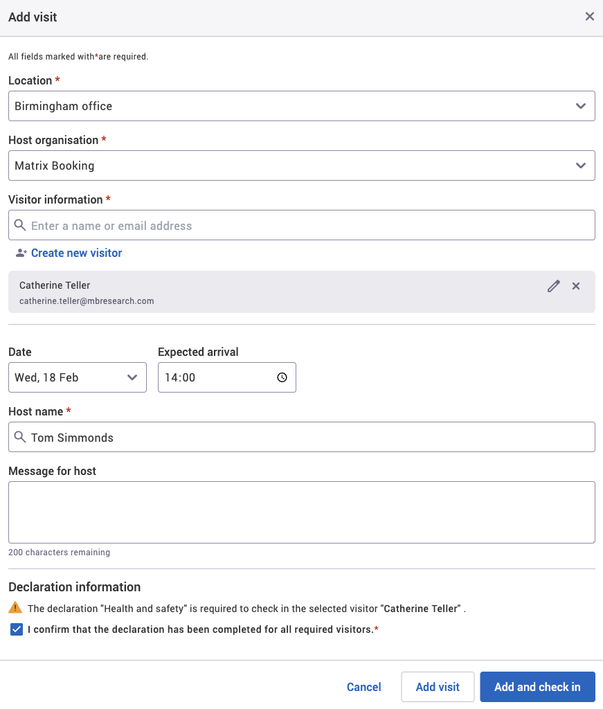 Add visit dialog with an example visit added.