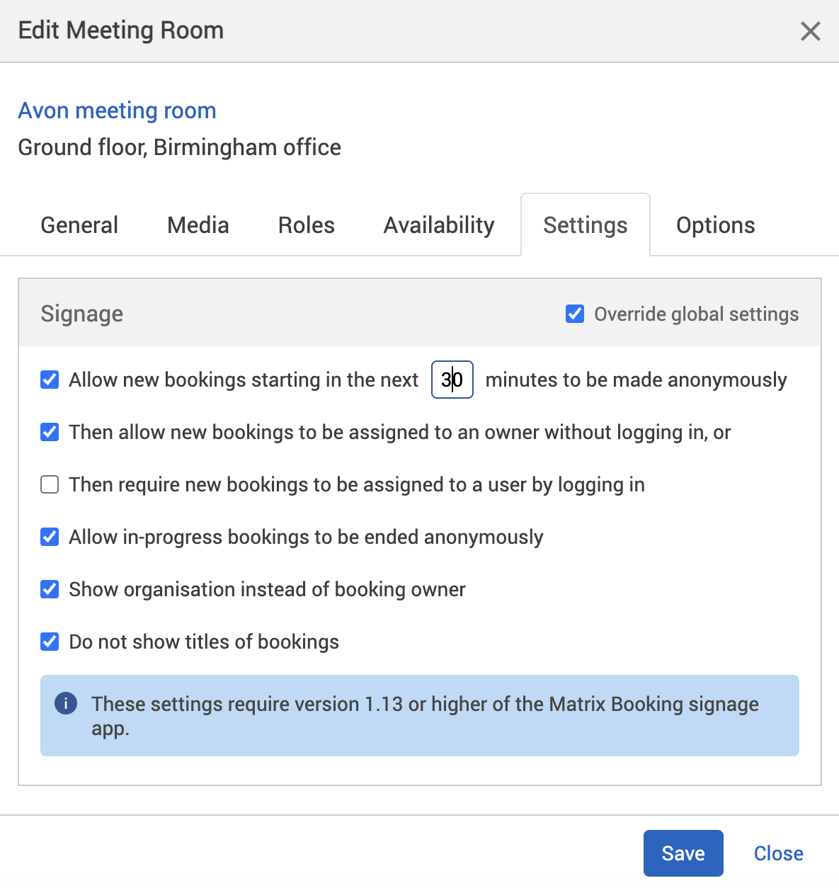 Signage settings switched on in the settings tab of the edit location dialog.