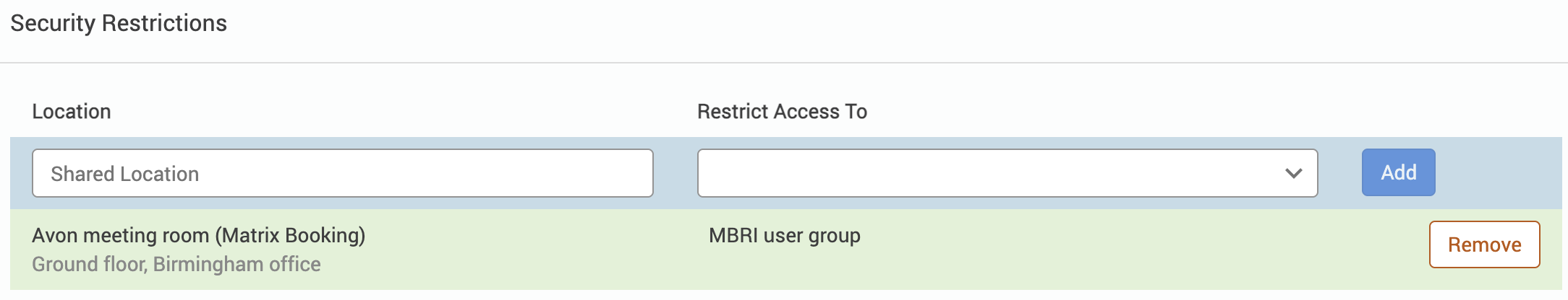 Security Restrictions section with an example restriction added.