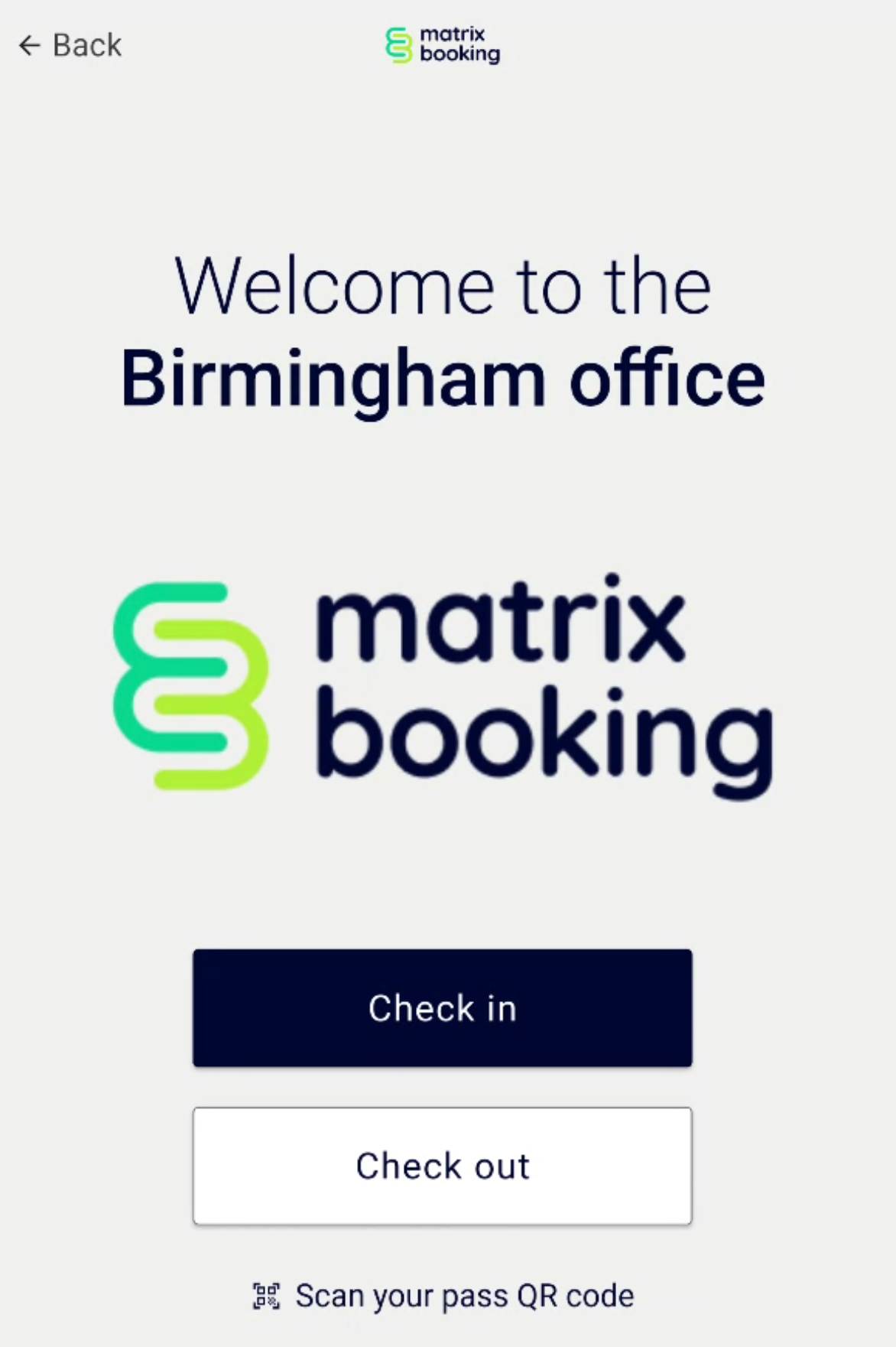 Welcome app home screen with the check in button.