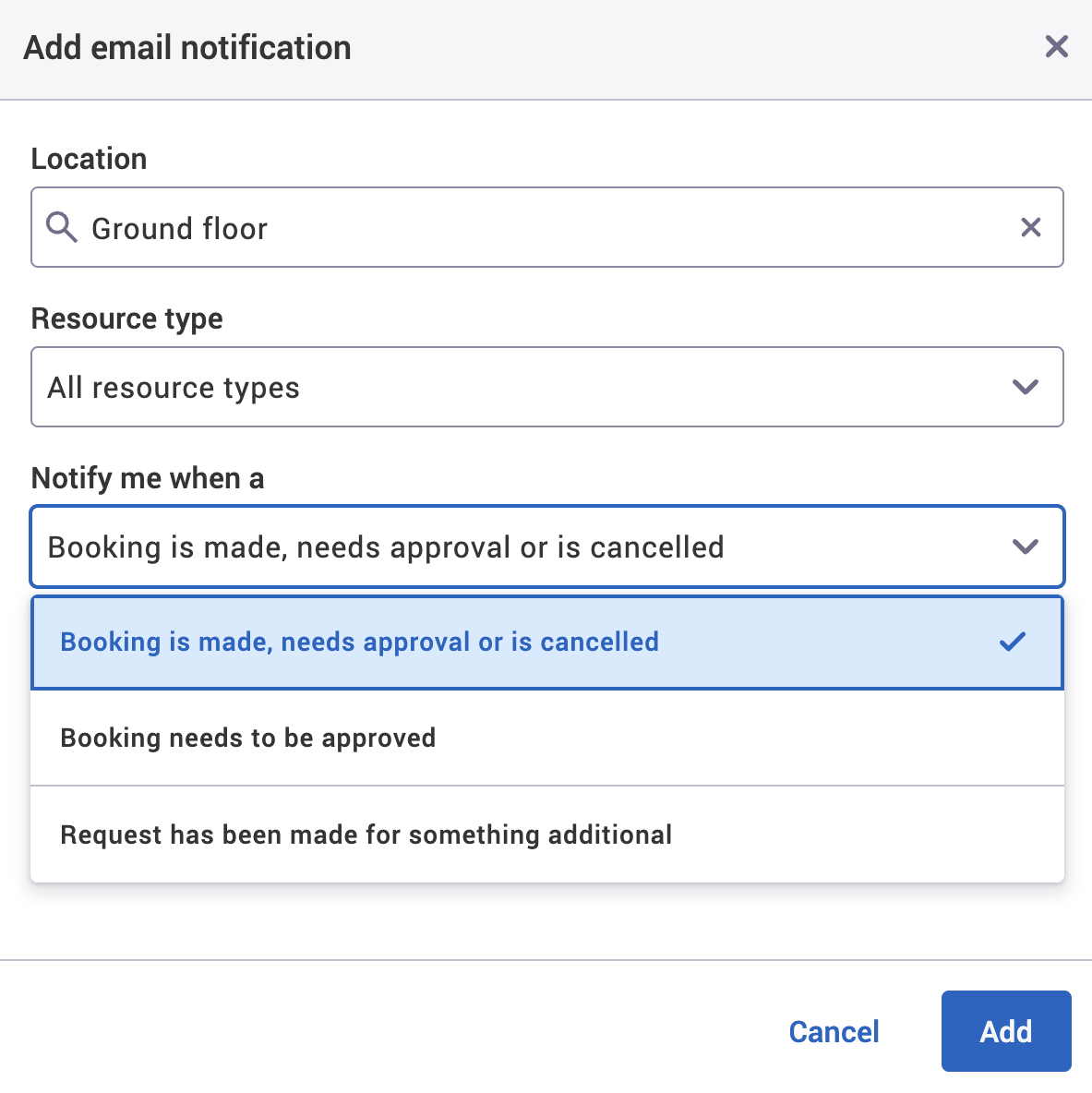 Add email notification dialog with an example location filled in.