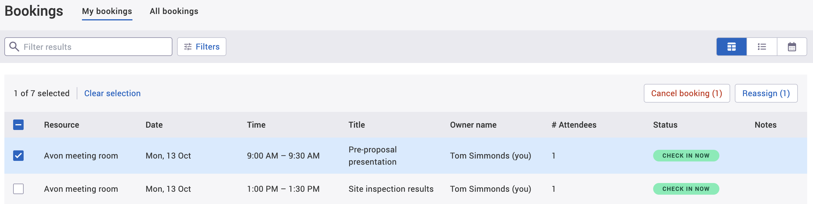 Table view of My bookings tab with an example booking selected for cancellation.