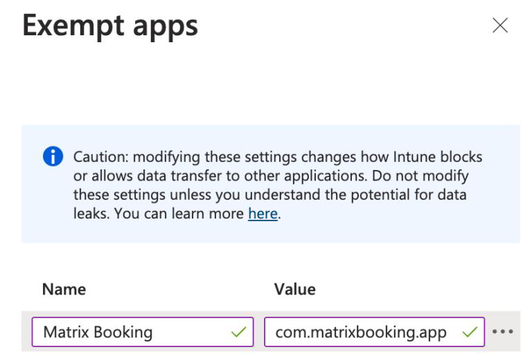 Exempt apps screen with Name and Value fields completed.
