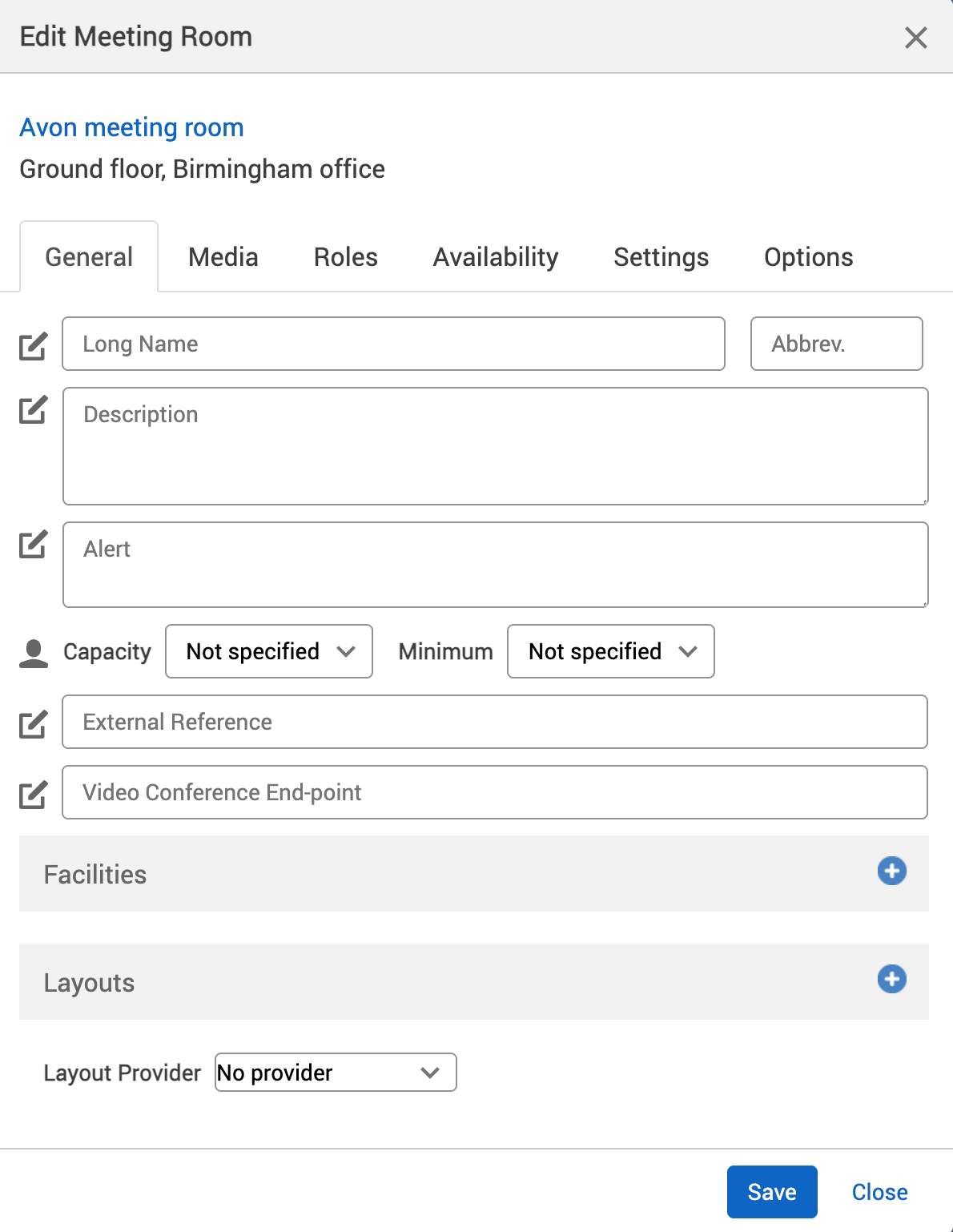 Edit location or resource pop-up.