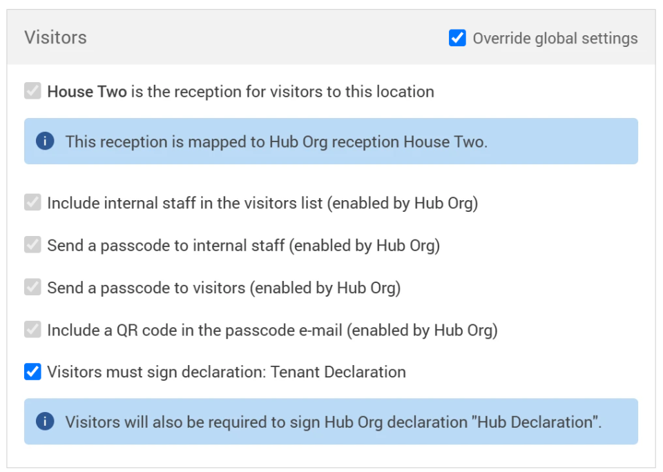 Visitors section in the settings tab with an info message about the sharer organisation needing a signed declaration.