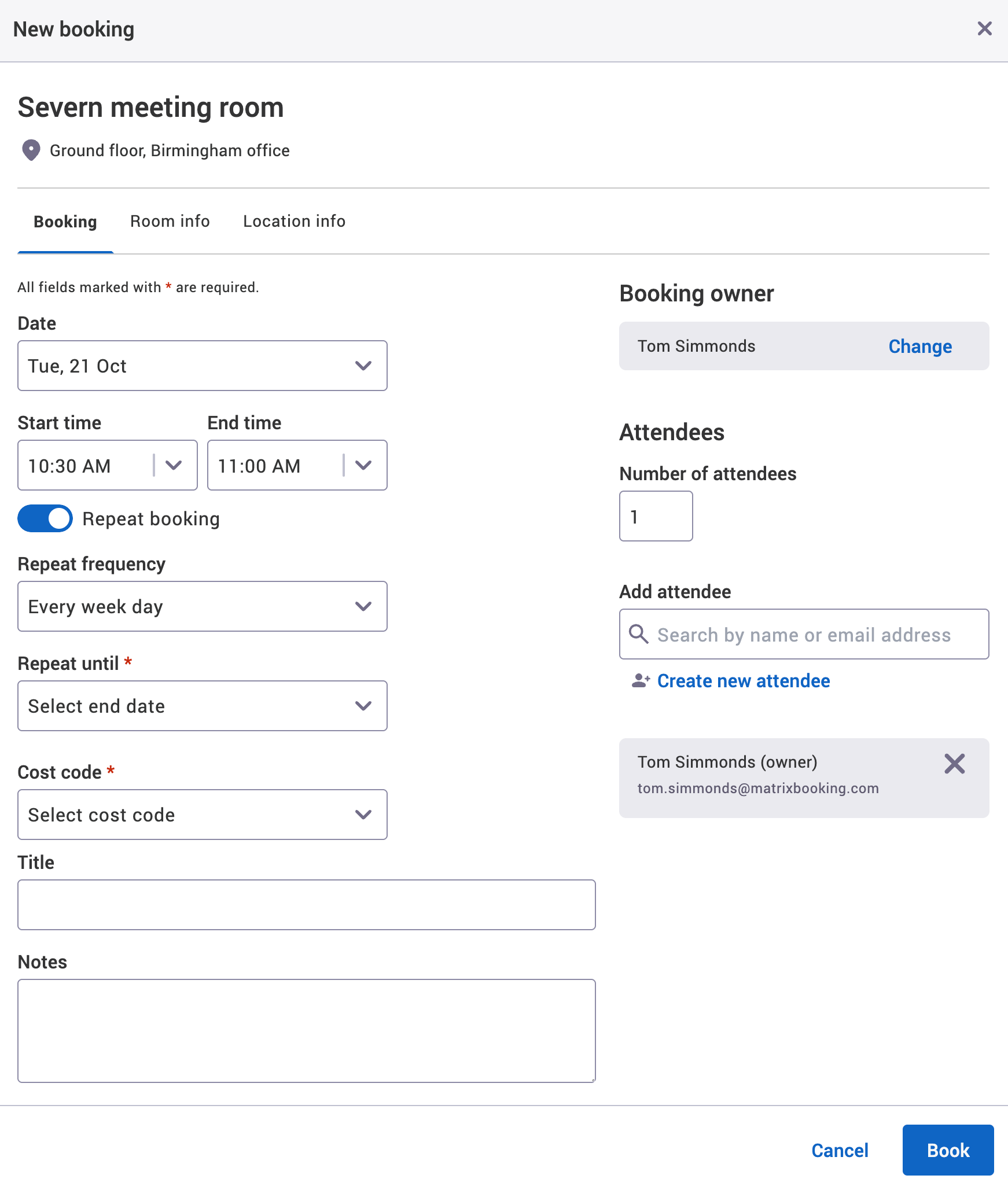 New booking pop-up with repeat booking function selected and details entered.