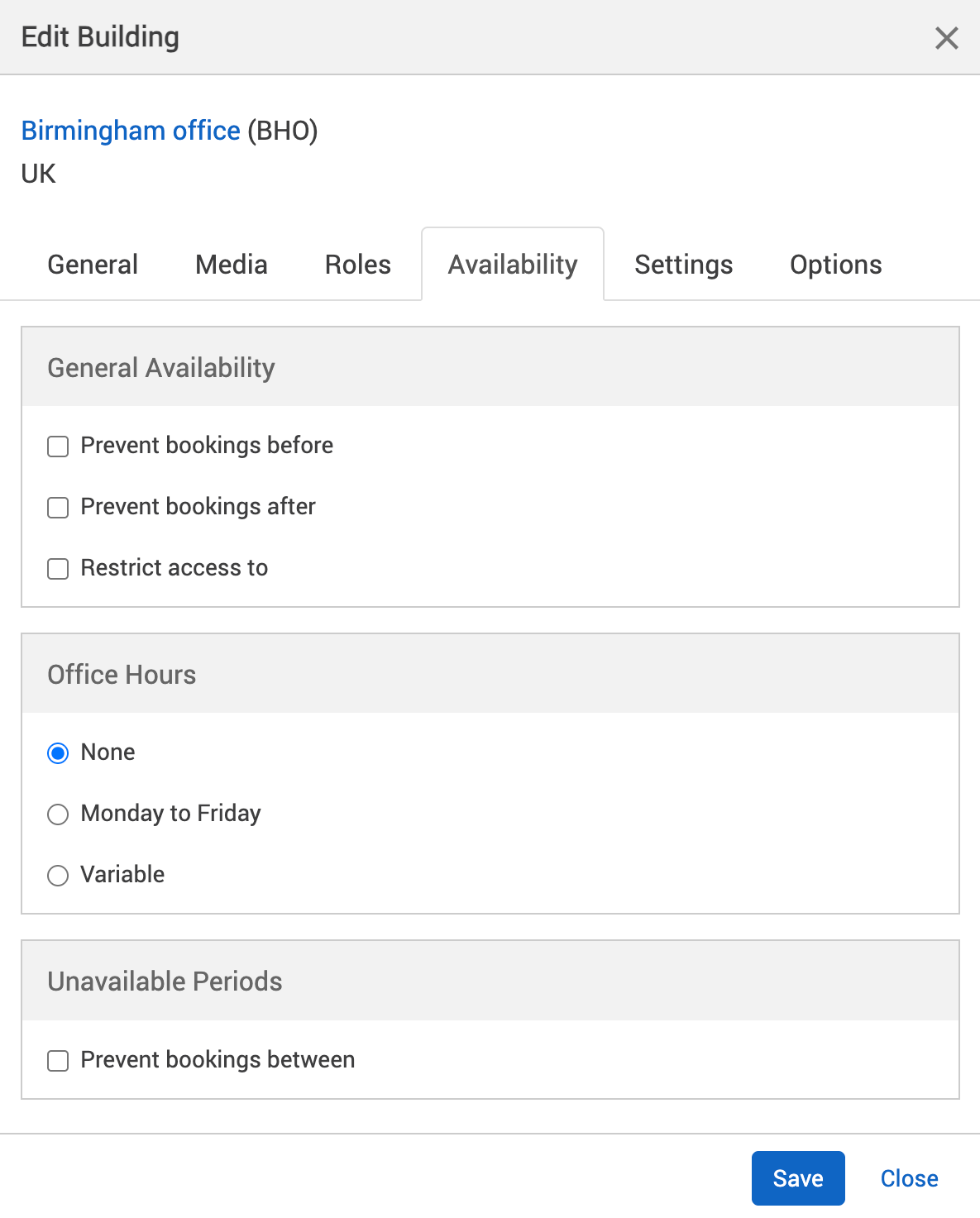 Availability tab of the Edit building pop-up.