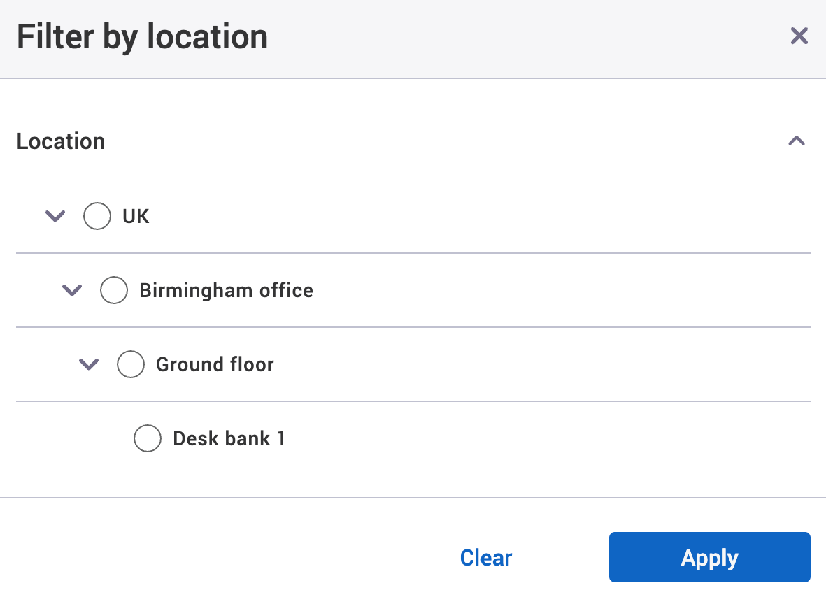Filter by location pop-up.