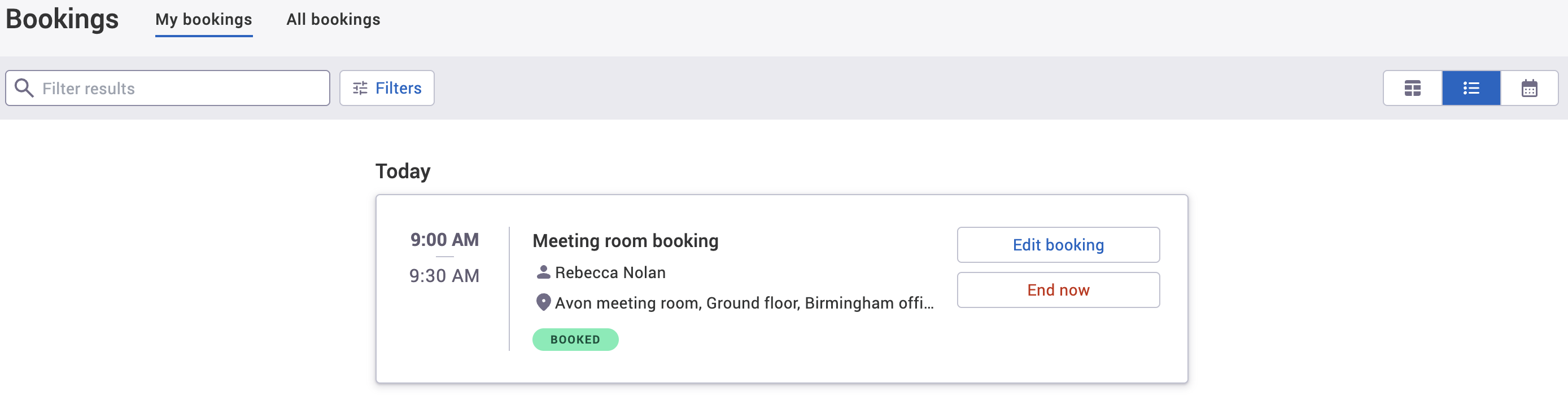 End now button on booking in list view on my bookings tab.