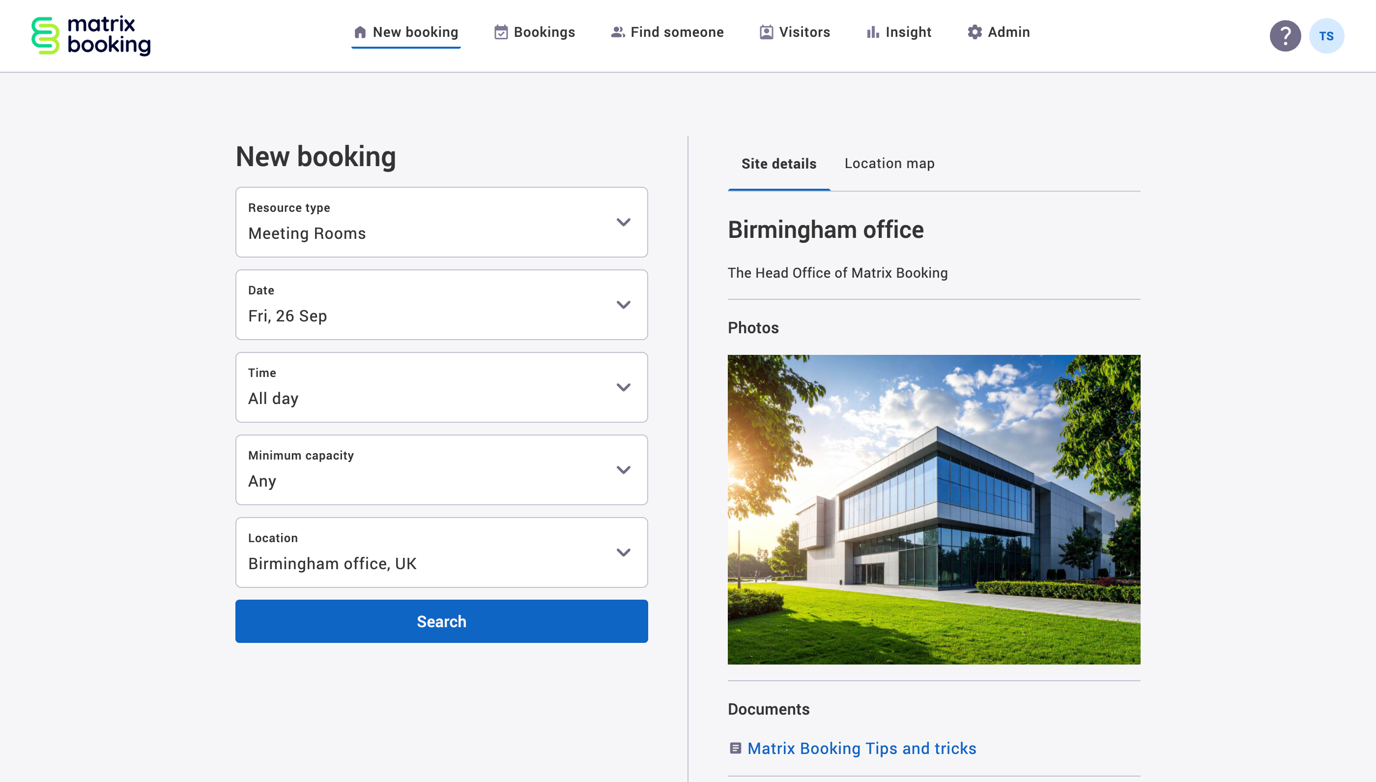 New booking screen with an example document in the documents section.