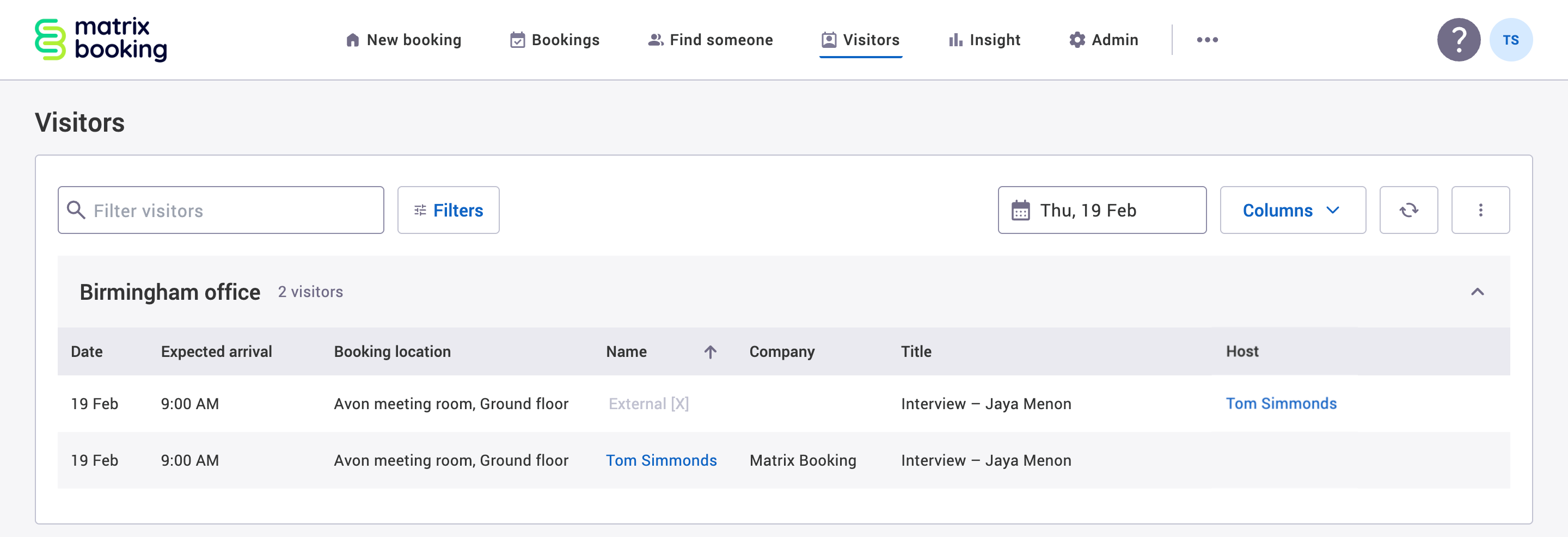 Example visitor's name anonymised with External X.