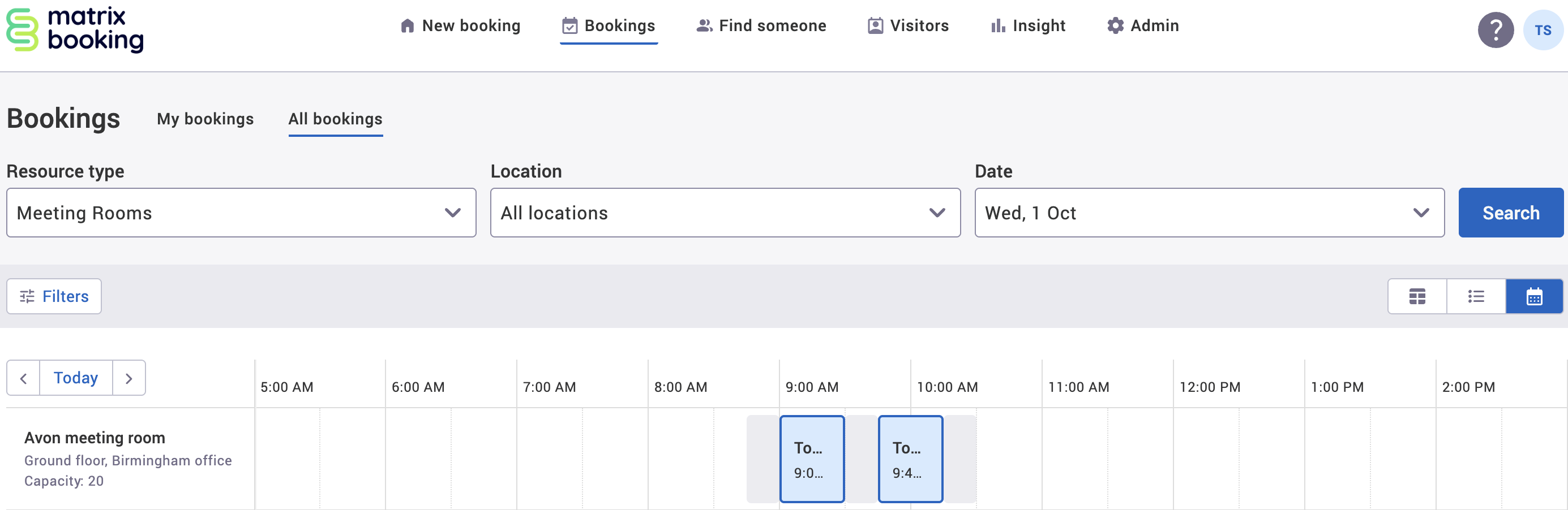 Overlapping setup and takedown buffer times for 2 separate bookings shown on the bookings screen.