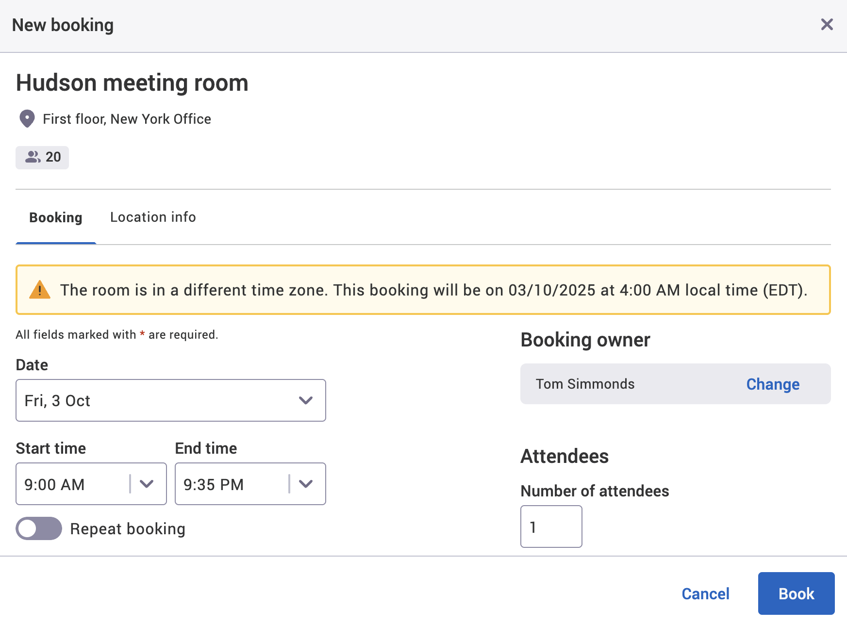Resource in different time zone warning message in the new booking pop-up.