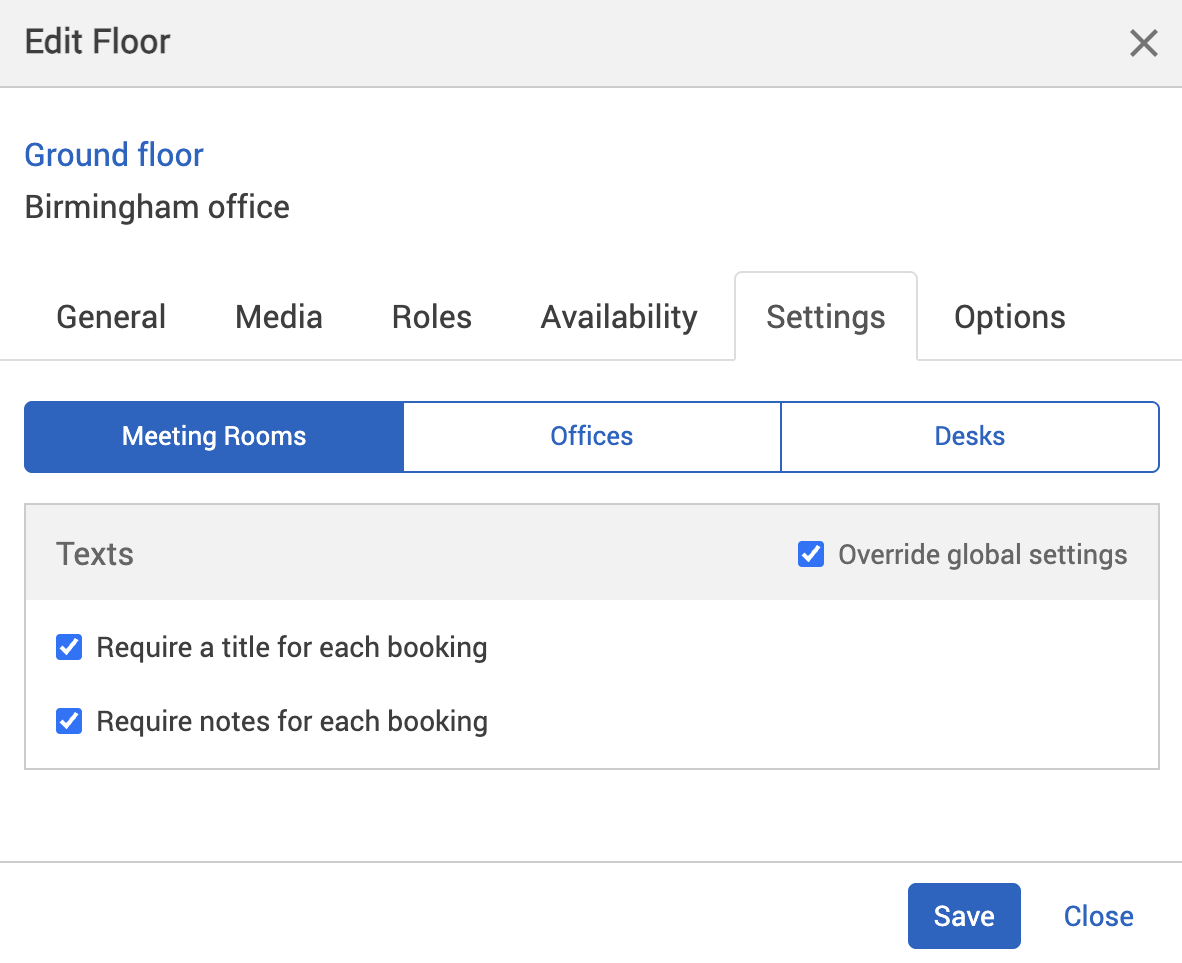 Texts switched on in the settings tab of the edit location pop-up.