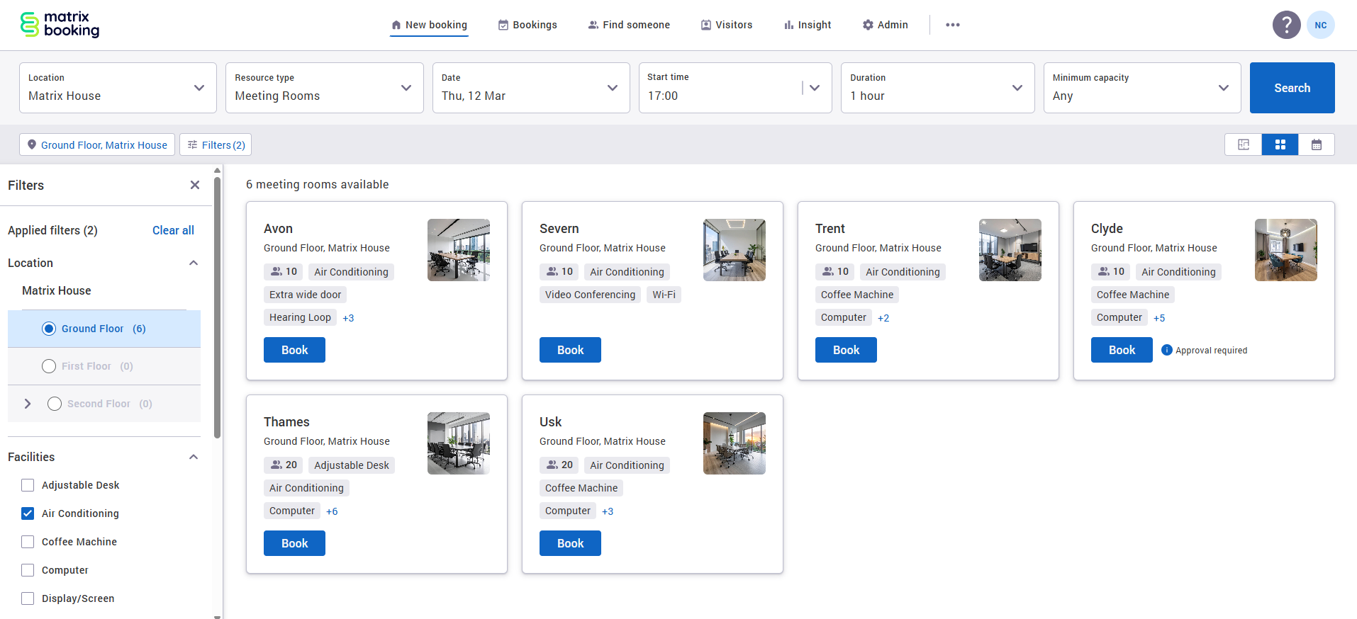 Filter panel on the new booking screen.