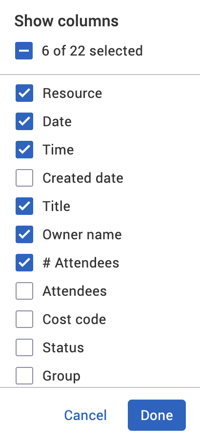 Show columns dropdown.