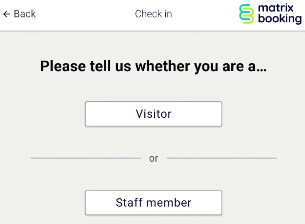 Welcome app visitor or staff member selection screen.
