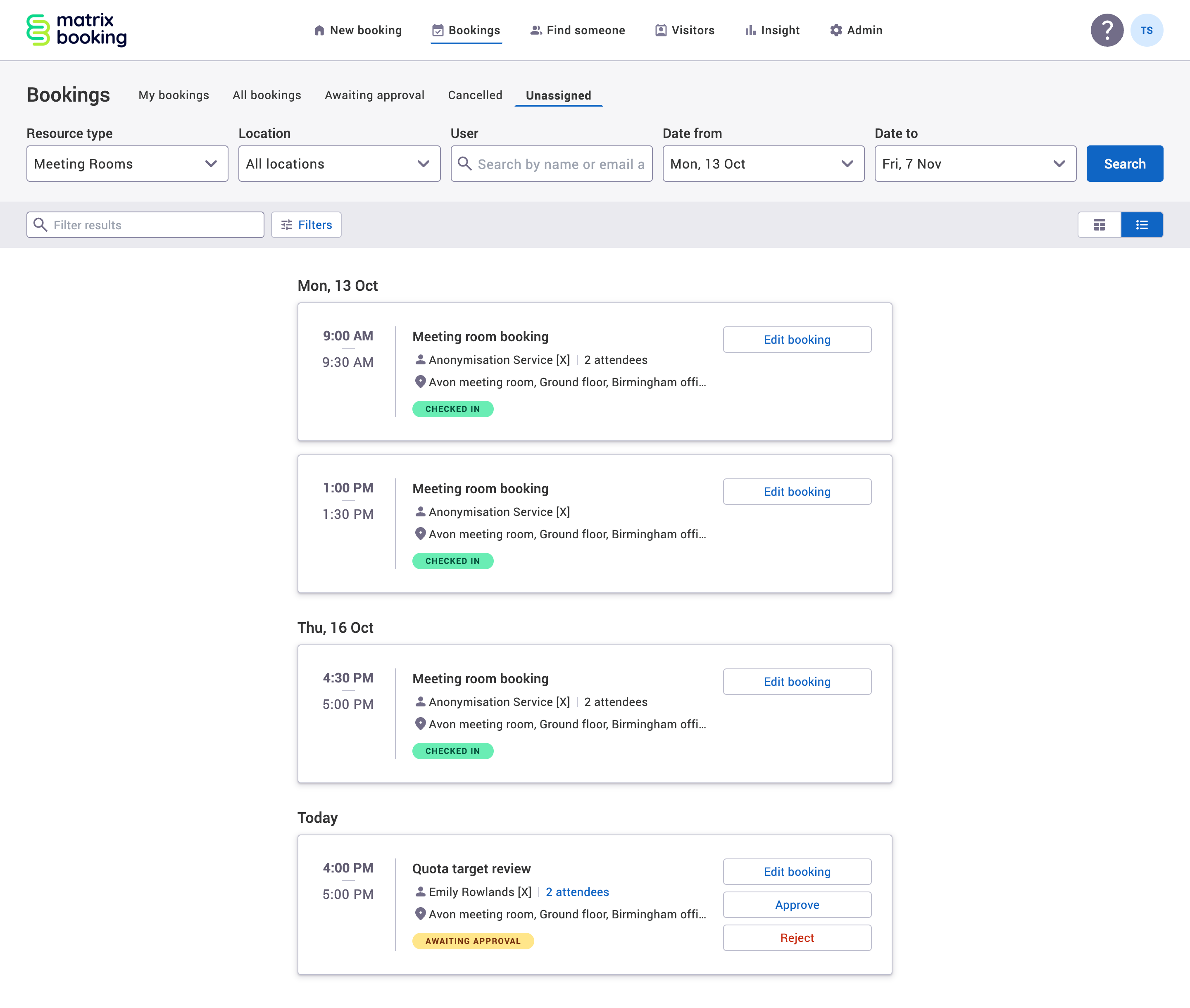 Unassigned tab in the List view with example unassigned bookings displayed.