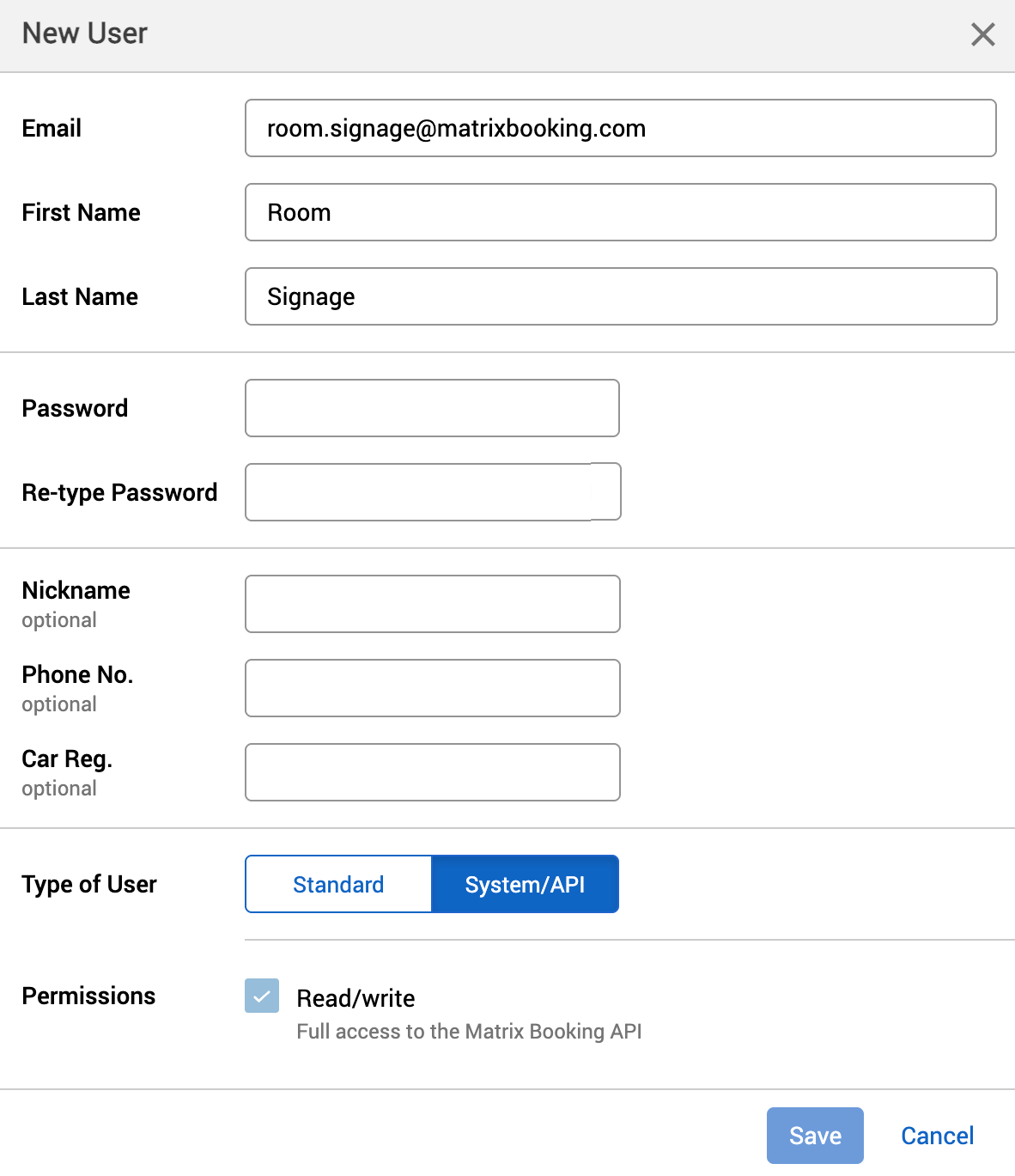 New user pop-up with the System API user type selected.