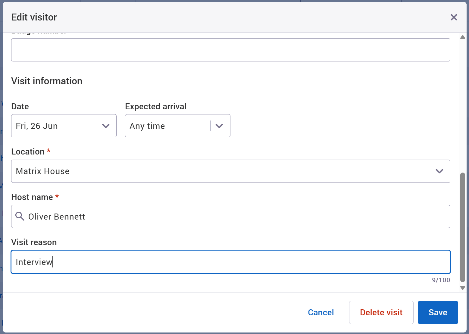Edit visitor dialog