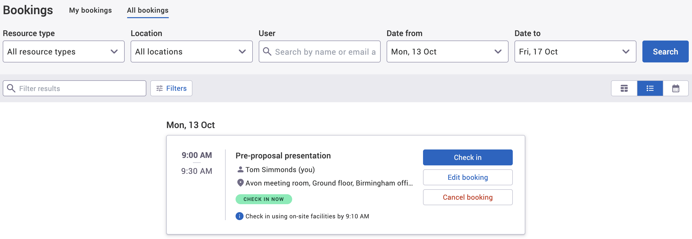 Check in button on booking in list view on all bookings tab.