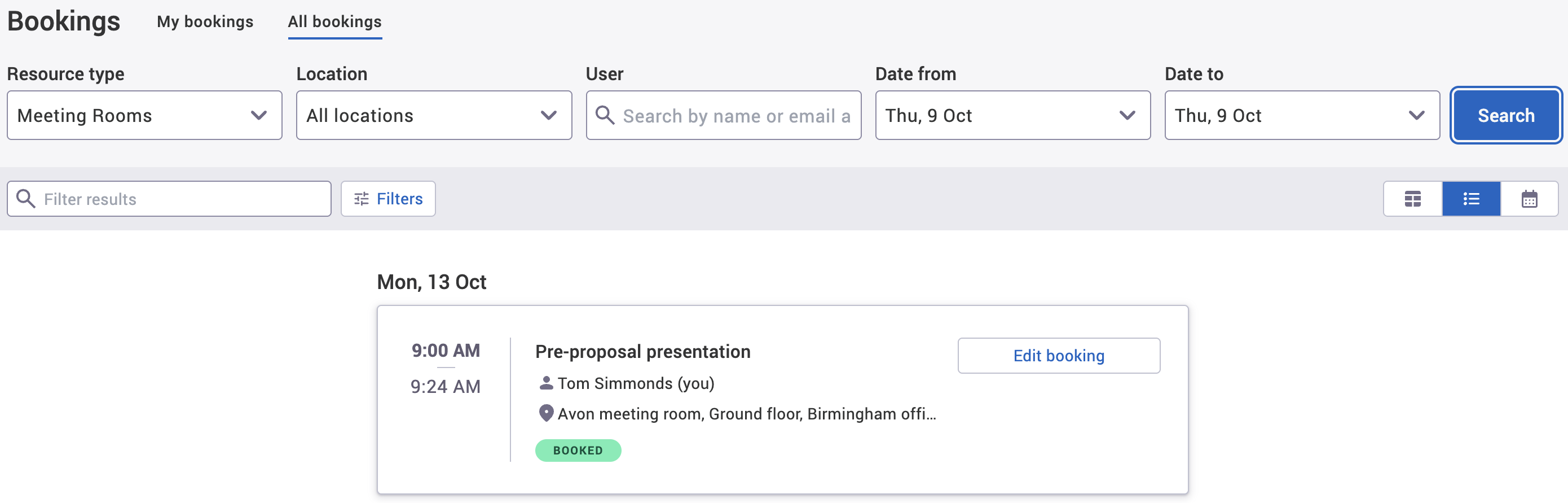 Calendar view of All bookings tab with a meeting that has a different end time than expected.