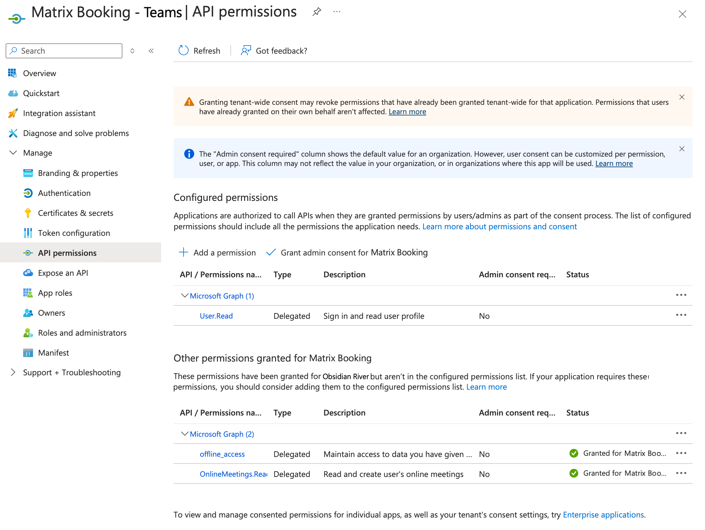 API permissions screen in Microsoft Azure.