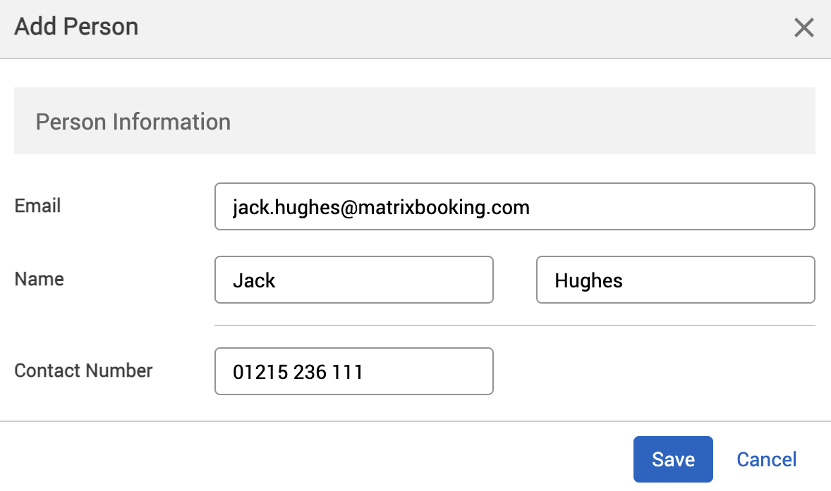 Add person pop-up with example user details filled in.