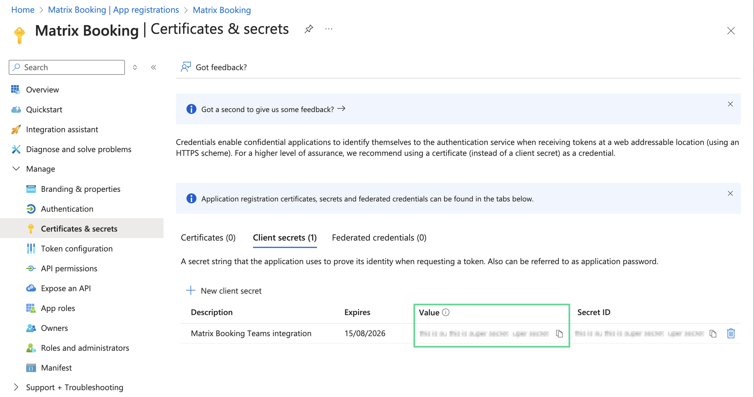 Certificates and secrets screen on Microsoft Azure with the client secret value displayed.