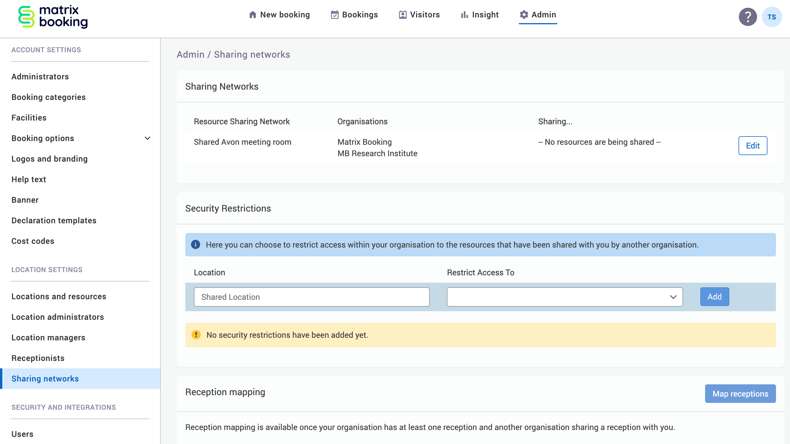 Sharing network screen with a sharing network that needs to be set up.