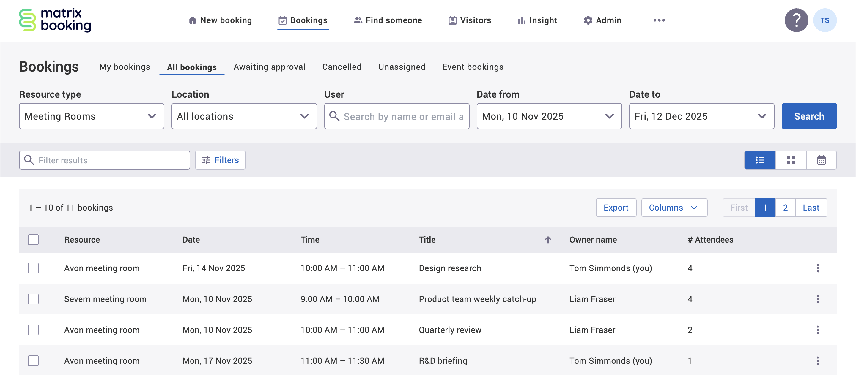 The up arrow button appears next to the title column in the all bookings tab on the bookings screen.