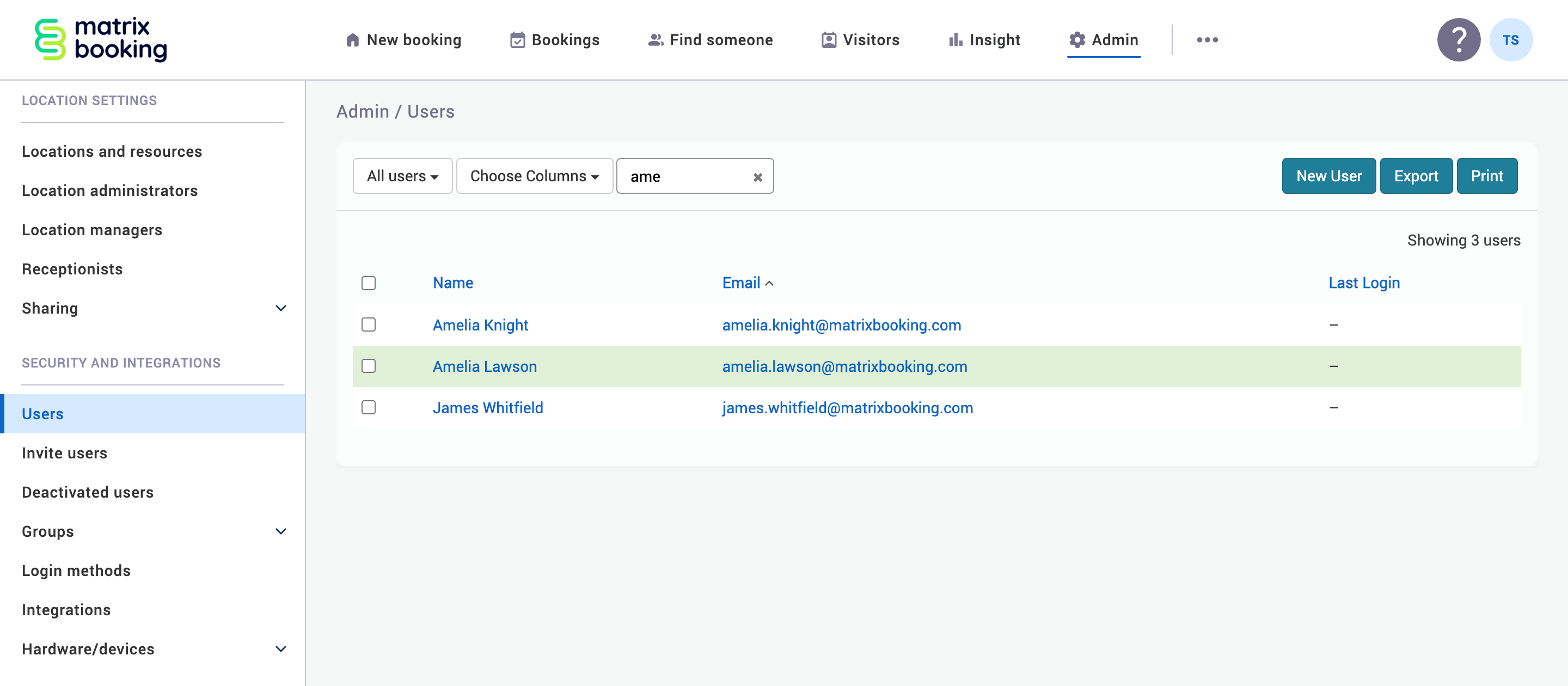 Example search for a user on the users screen.