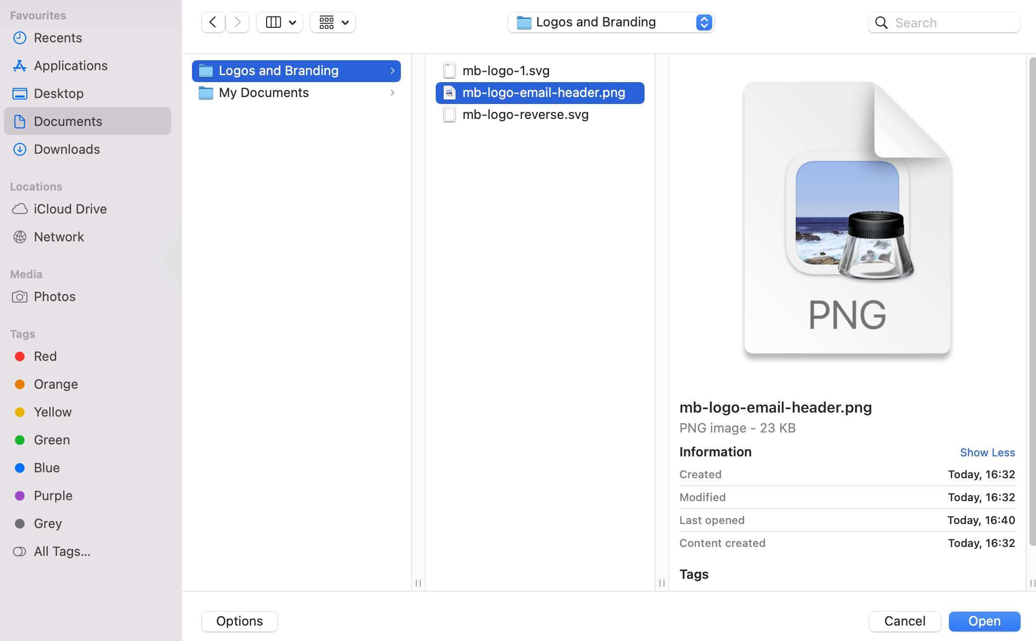 An example file explorer where the user has navigated to the email header file they want to use