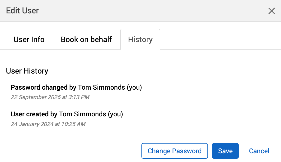 History tab of Edit user dialog for an example user.
