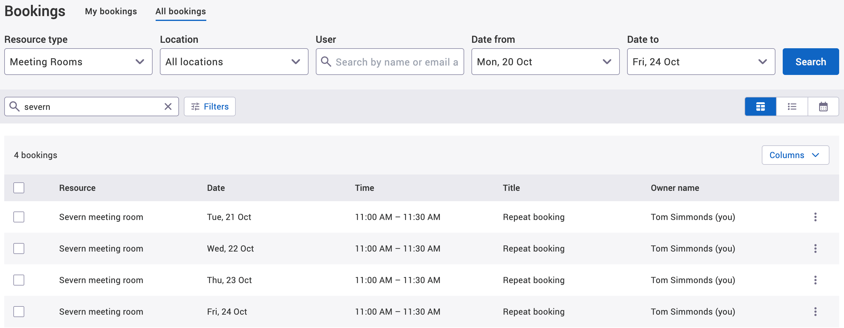 All bookings tab with an example repeat booking series displayed.