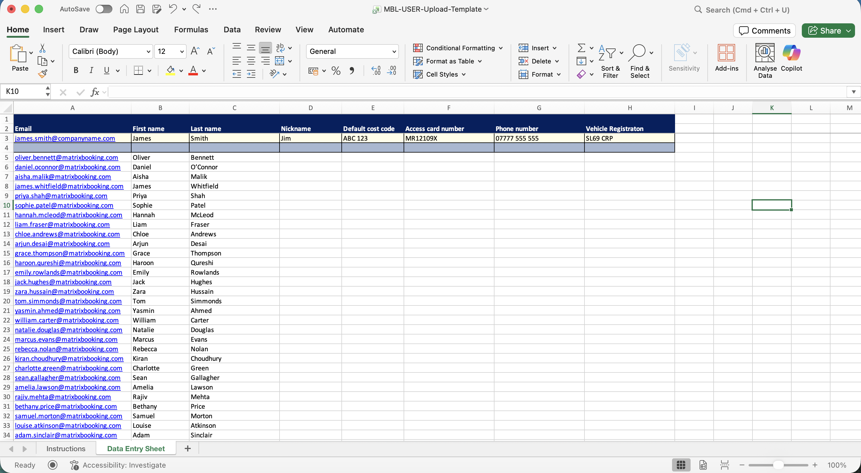 Template spreadsheet edited to include full list of users. 