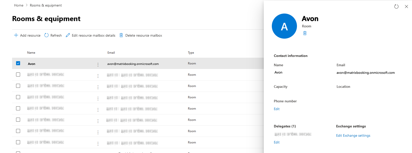 Rooms and equipment screen in the Microsoft 365 admin center.