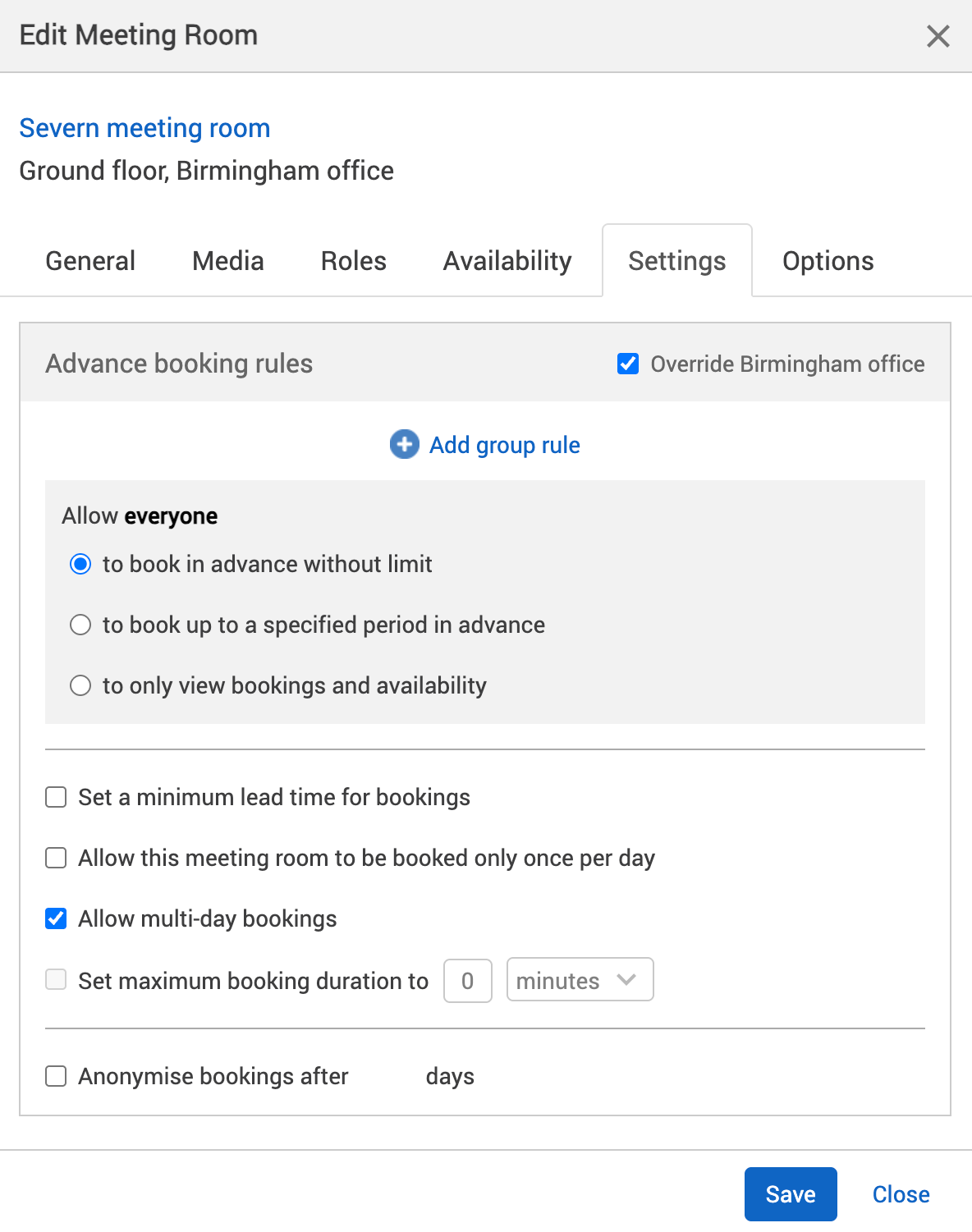 Multi-day bookings settings switched on in advanced booking rules section of settings tab.
