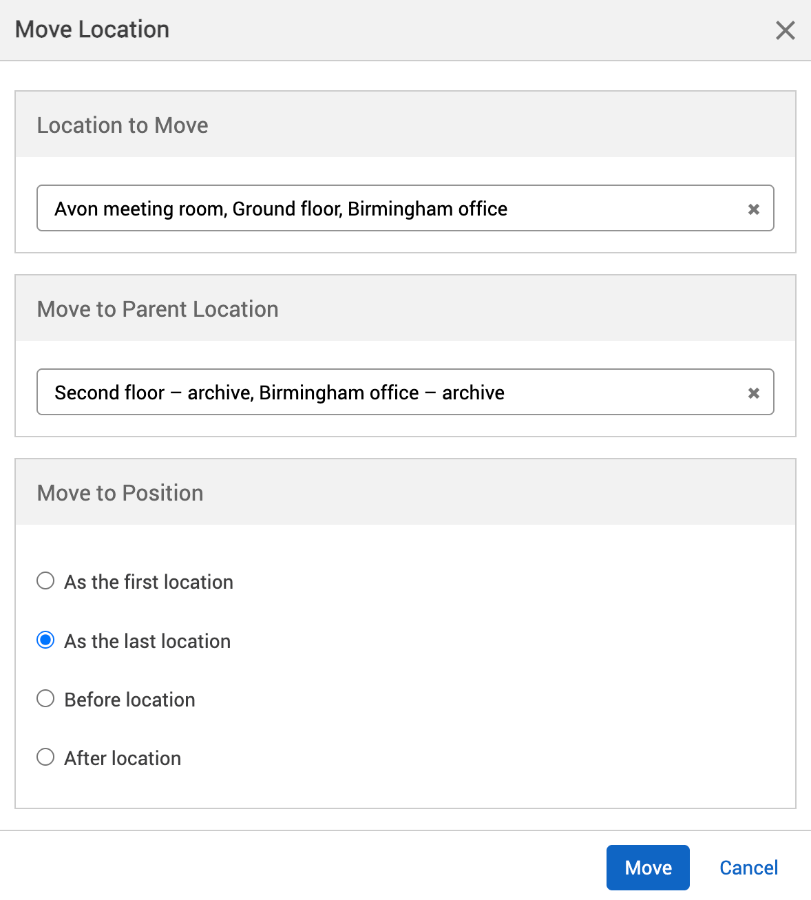 An example resource being moved to the archive in the move location dialog.
