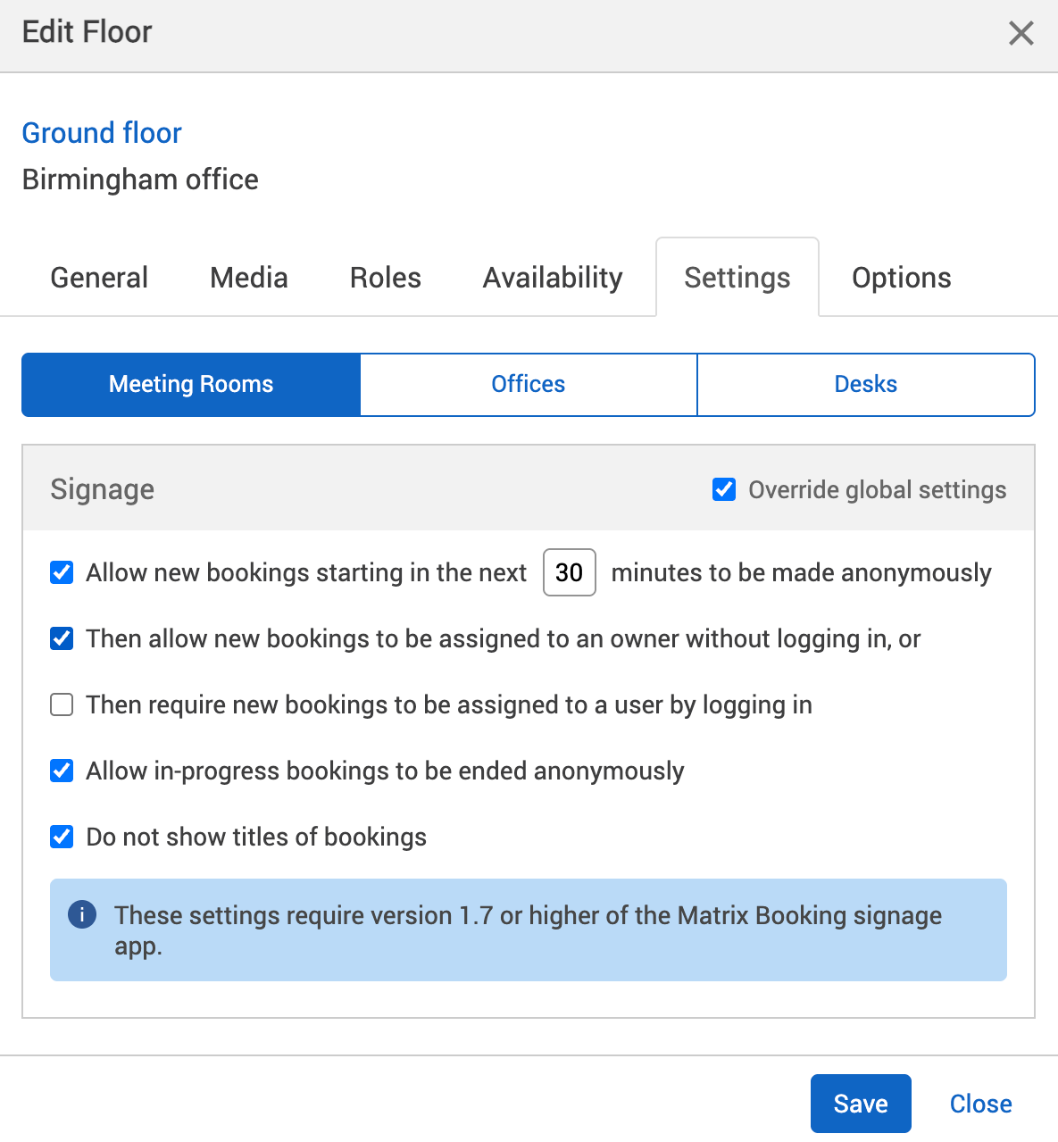 Signage settings switched on in the settings tab of the edit location pop-up.